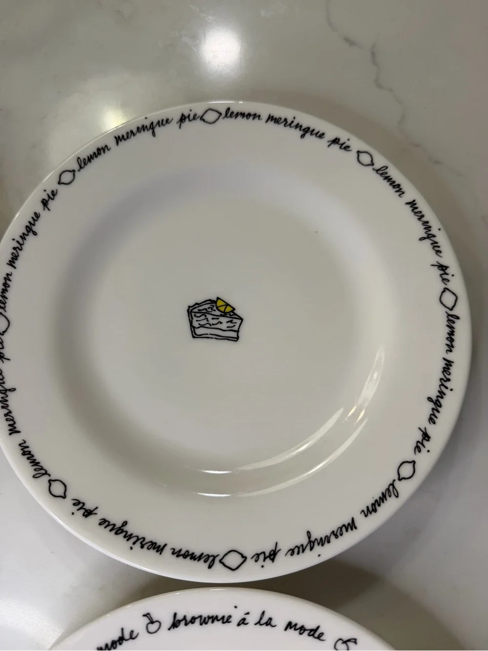 Pottery Barn porcelain Dessert Plates – White with Black Script and Cake Motifs